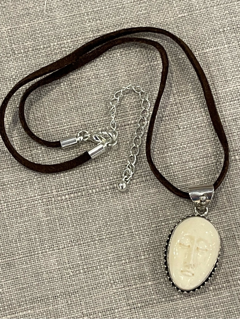 Handcrafted Bali goddess face pendant bison bone in sterling silver bohemian